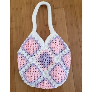 Crocheted White Pastel Pink Purple Satchel Market Tote Bag